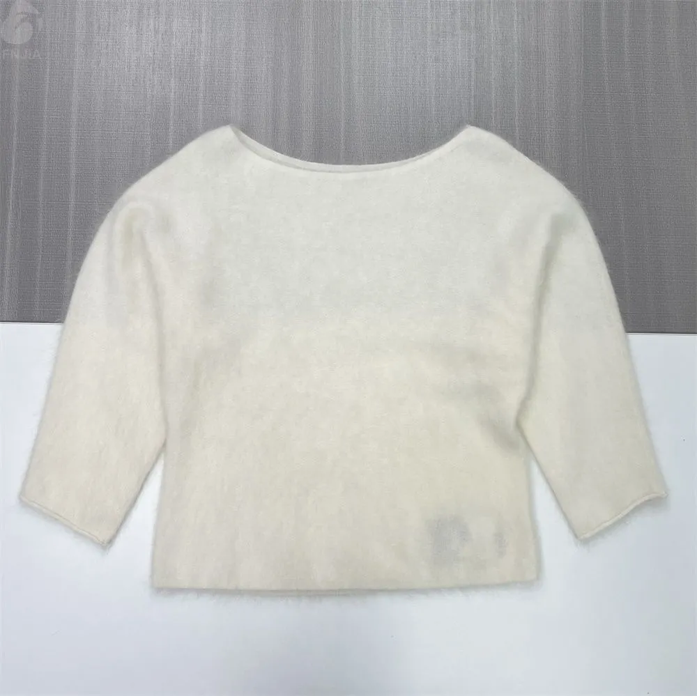 Women's Cream Boat Neck Knit Sweater (Soft Fuzzy Texture, 3/4 Sleeves)