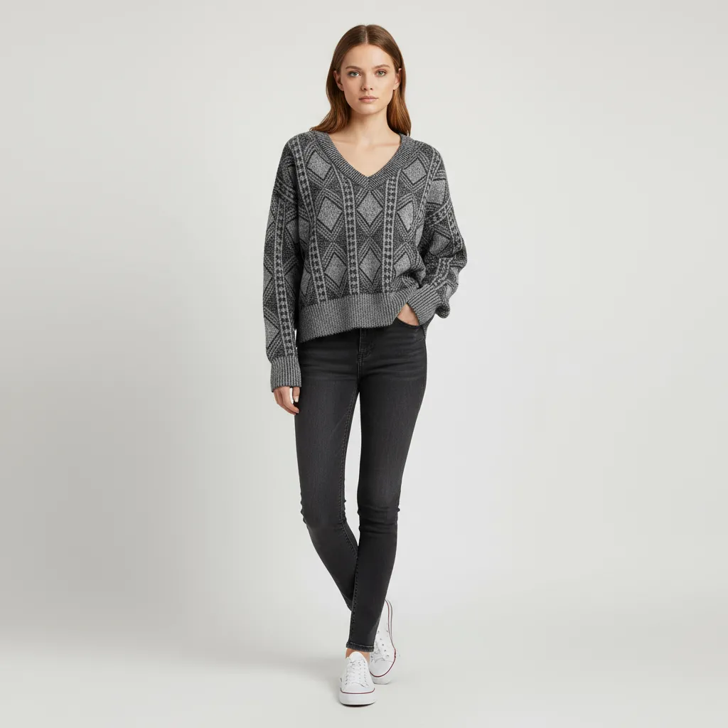 Women's Grey & Black Diamond Pattern V-Neck Cropped Knit Sweater