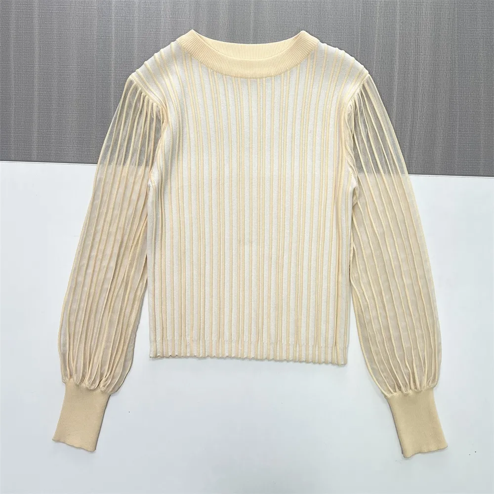 Women's Cream Sheer-Striped Knit Sweater (Crew Neck, Puff Sleeve Design)