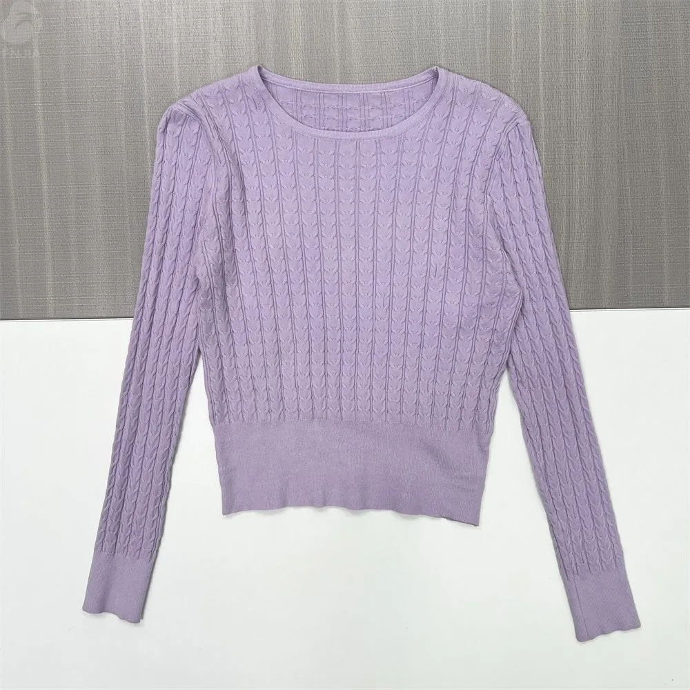 Women's Lavender Cable-Knit Sweater (Puff Sleeves, Cropped Fit)