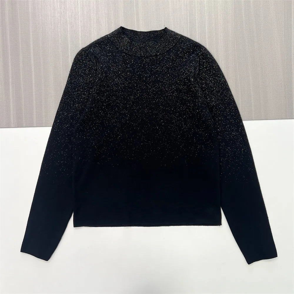 Women's Black & Gold Ombre Glitter Knit Sweater (Mock Neck, Slim-Fit Long Sleeve)