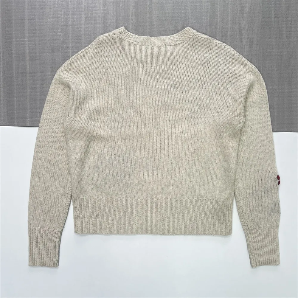 Women's Beige Knit Sweater with Floral Embroidery (Purple & Red Motif)