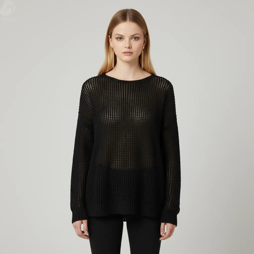 Women's Black Openwork Rib-Knit Sweater (Boat Neck, Oversized Fit)