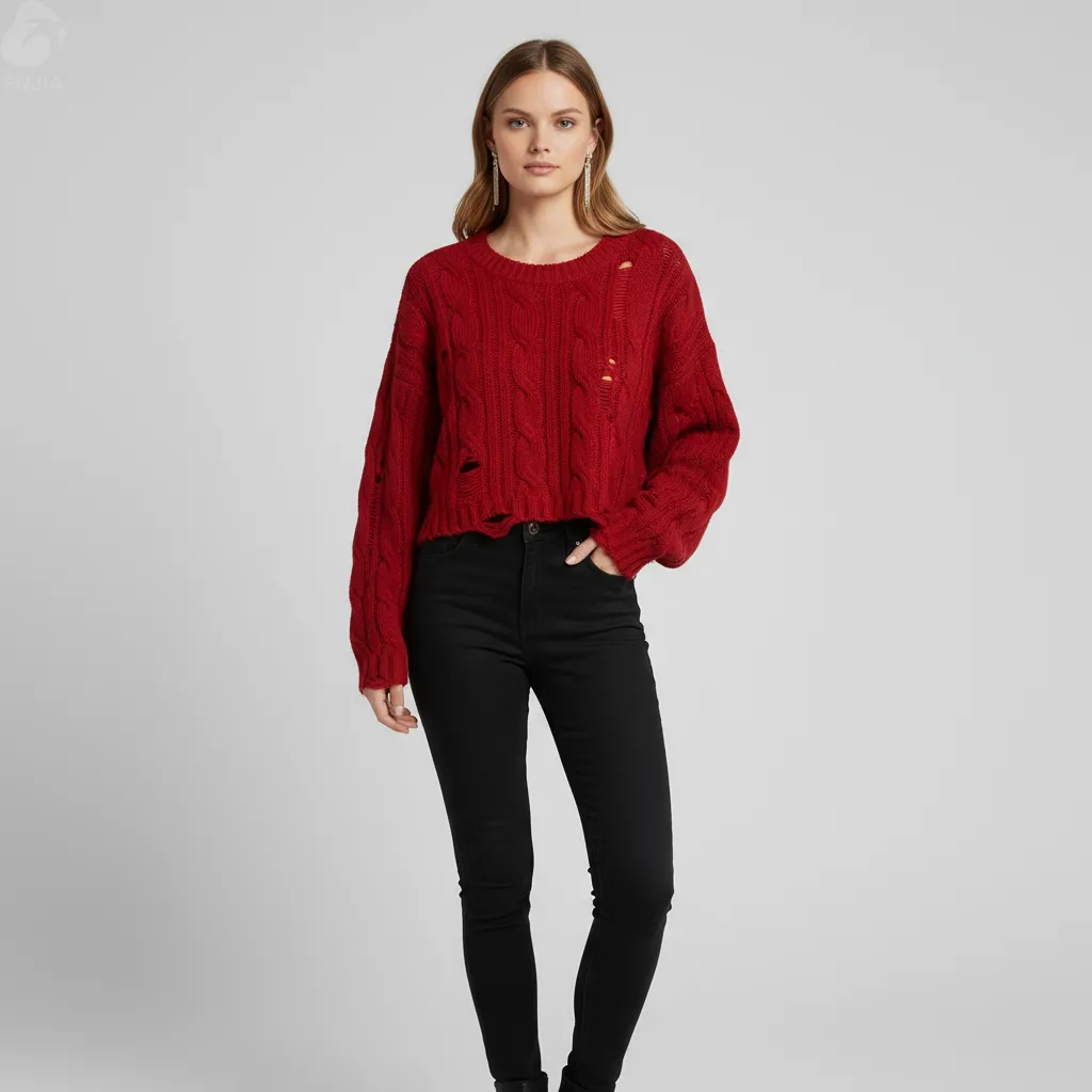 Women's Burgundy Distressed Cable-Knit Sweater (Cropped Fit, Ripped Detail)