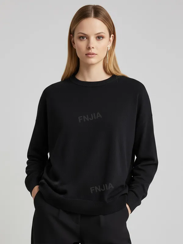 Women's Navy Crew Neck Knit Sweater (Oversized Relaxed Fit, Classic Solid Design)
