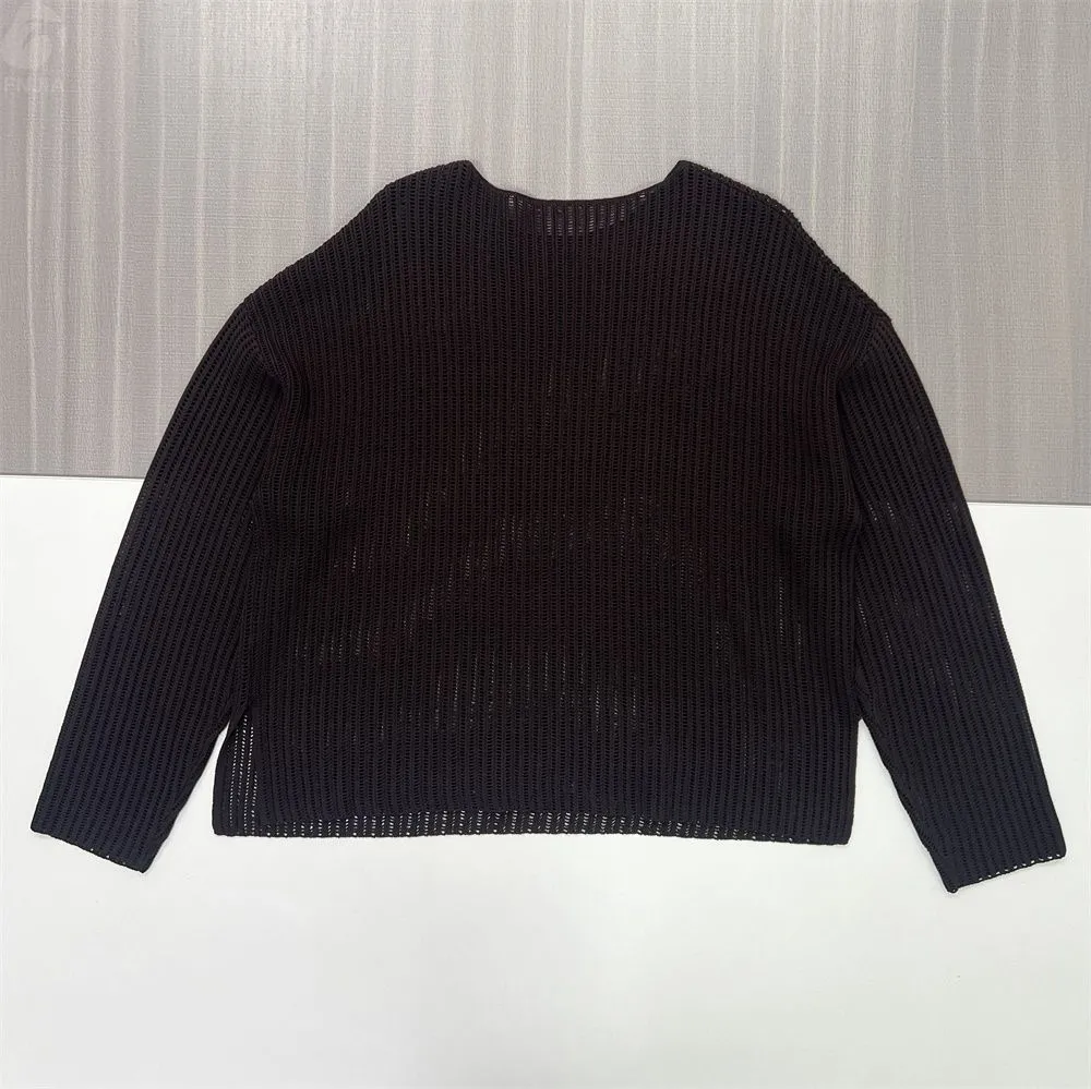 Women's Black Openwork Rib-Knit Sweater (Boat Neck, Oversized Fit)
