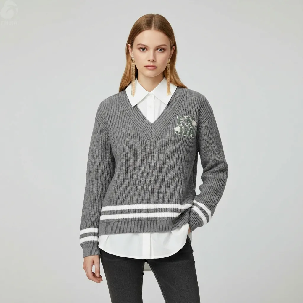 Women's Grey Rib-Knit Layered Shirt-Collar Sweater with Brand Embroidered Detail