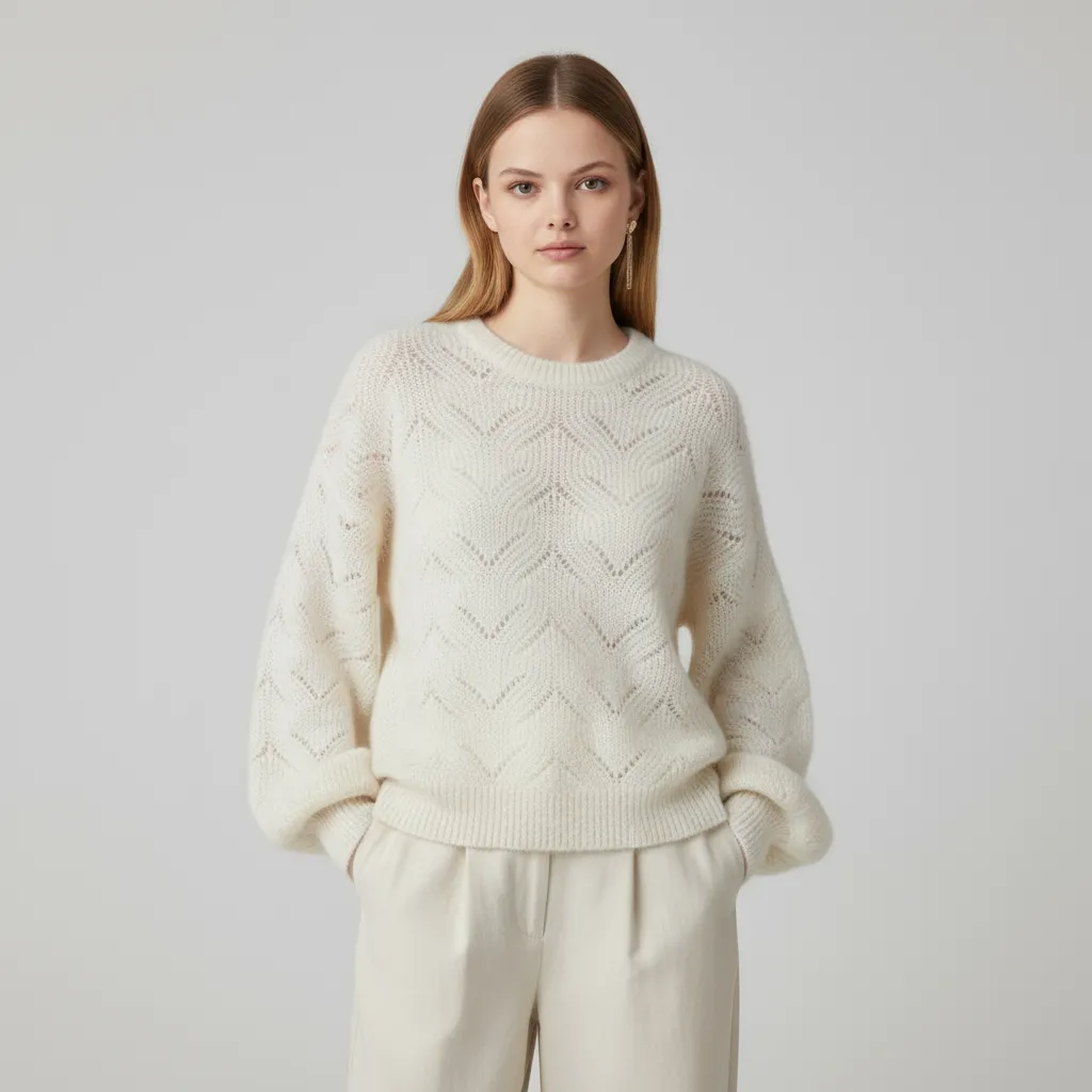 Women's Cream Openwork Knit Sweater (Chevron Pattern, Puff Sleeves)