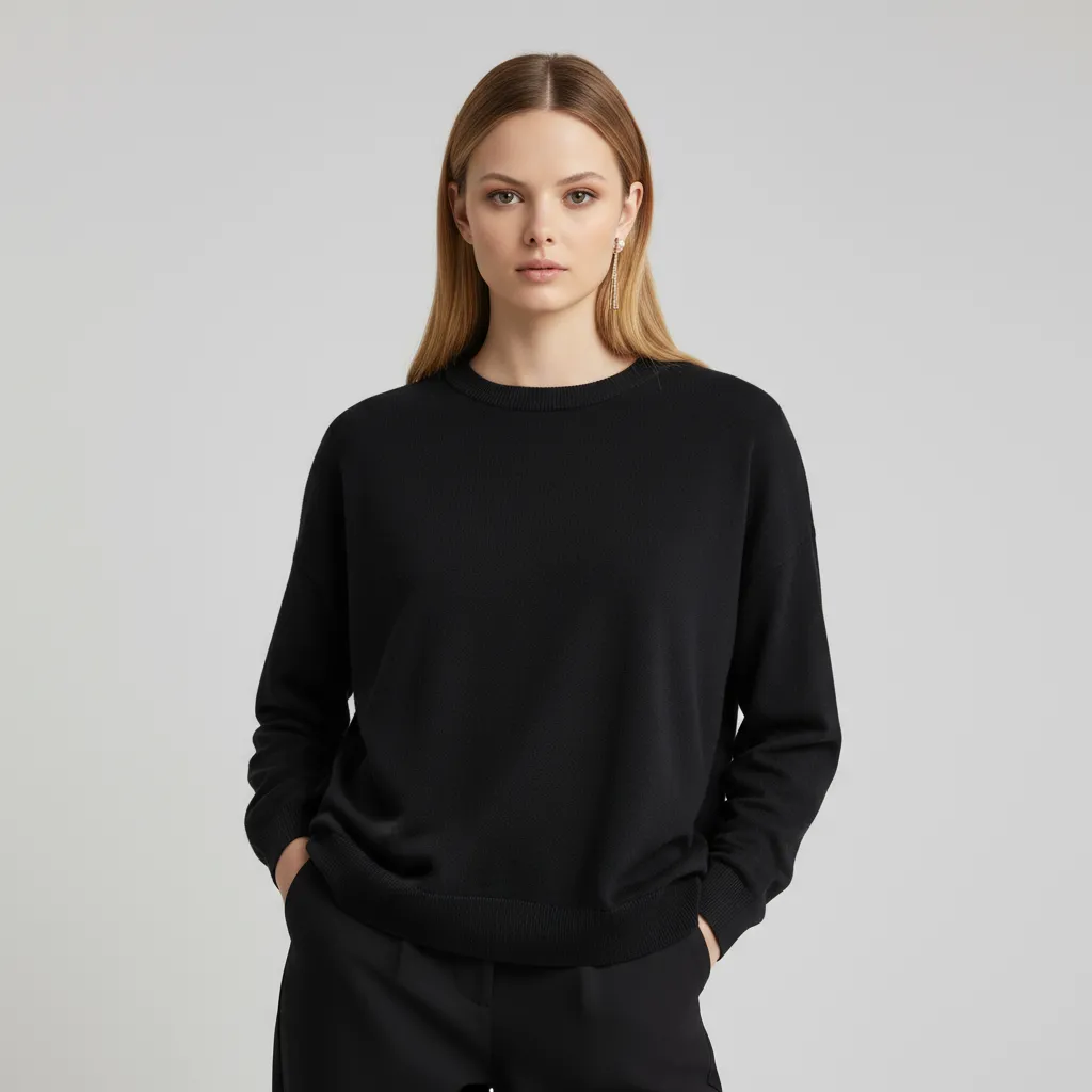 Women's Navy Crew Neck Knit Sweater (Oversized Relaxed Fit, Classic Solid Design)
