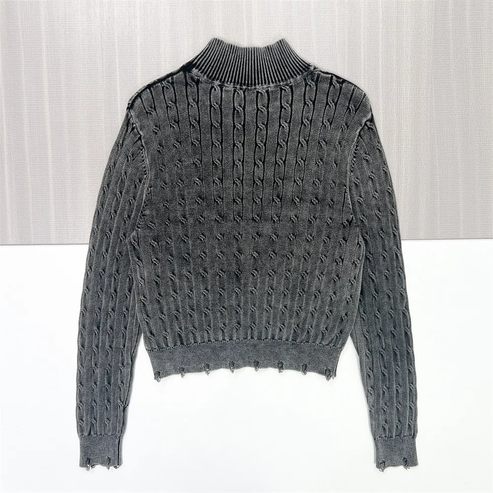 Women's Charcoal Distressed Cable-Knit Turtleneck Cropped Sweater