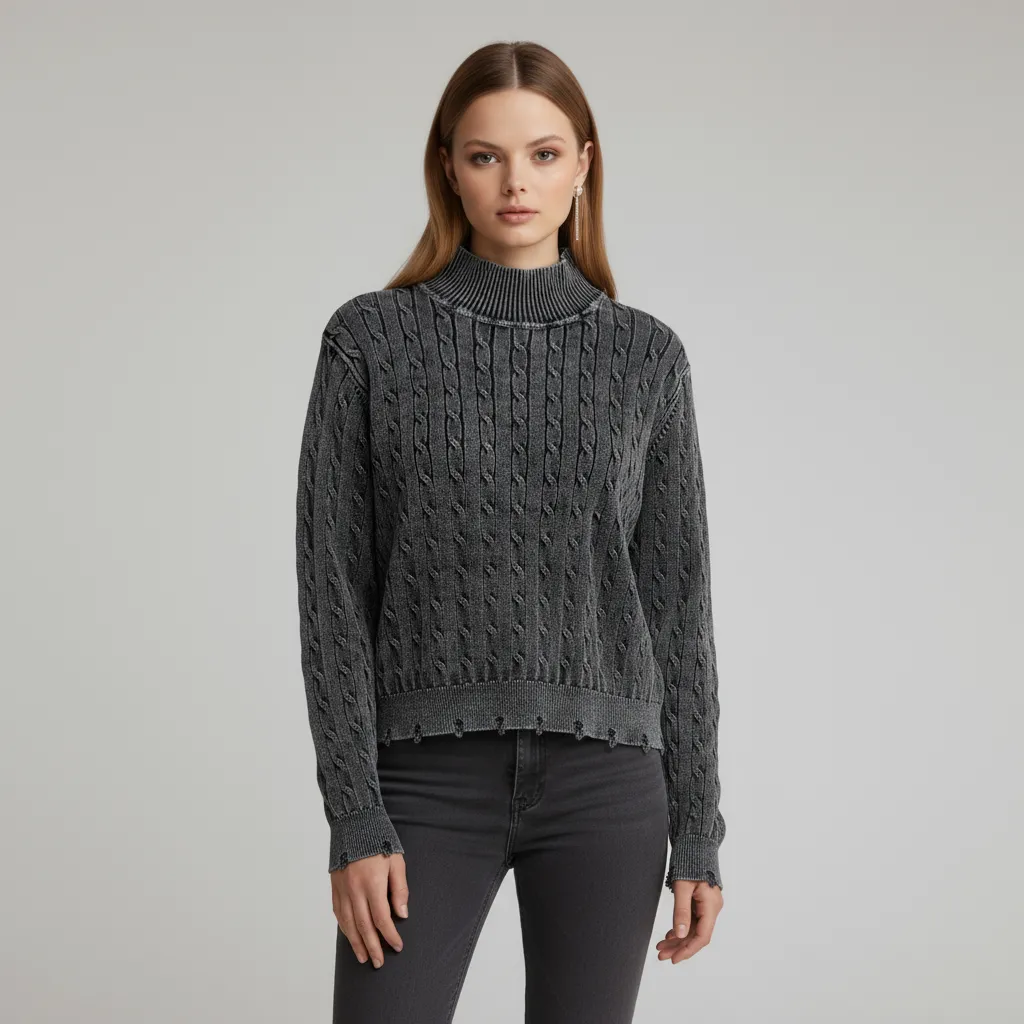 Women's Charcoal Distressed Cable-Knit Turtleneck Cropped Sweater