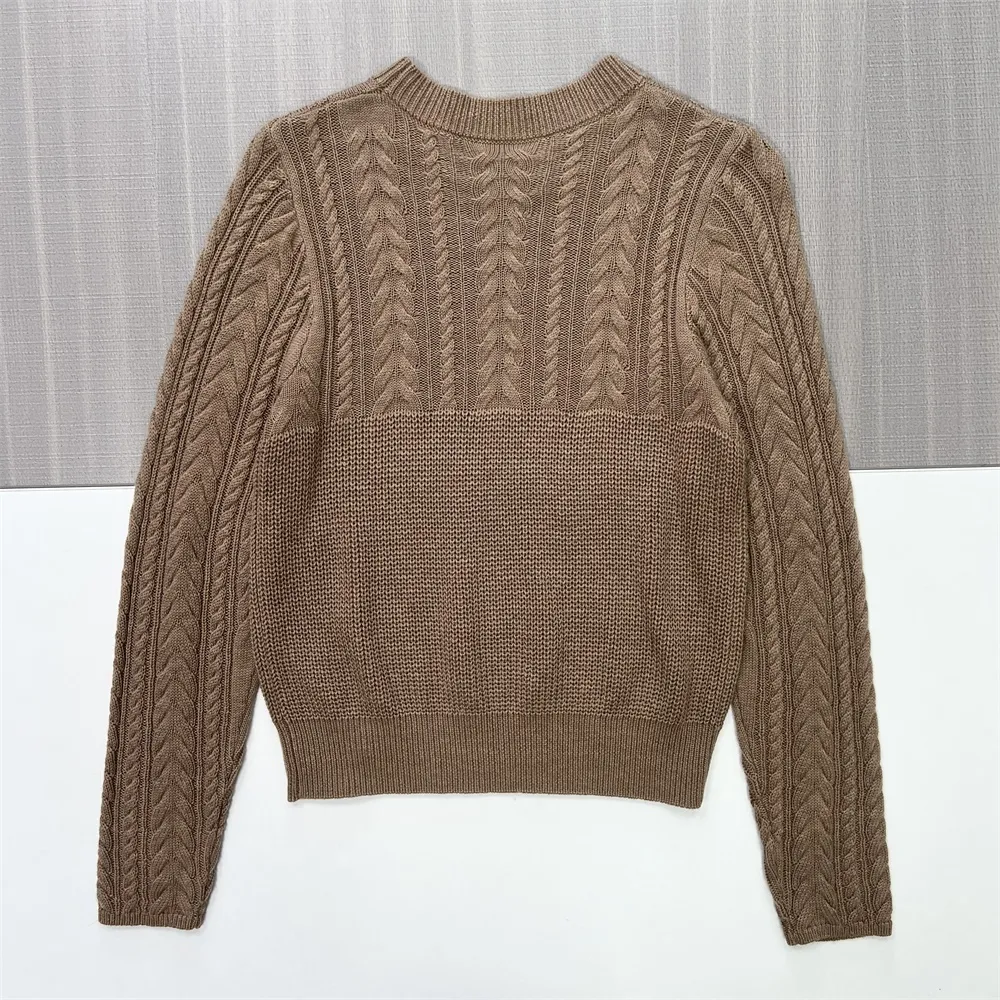 Women's Brown Cable-Knit Crew Neck Sweater (Textured Pattern Design)