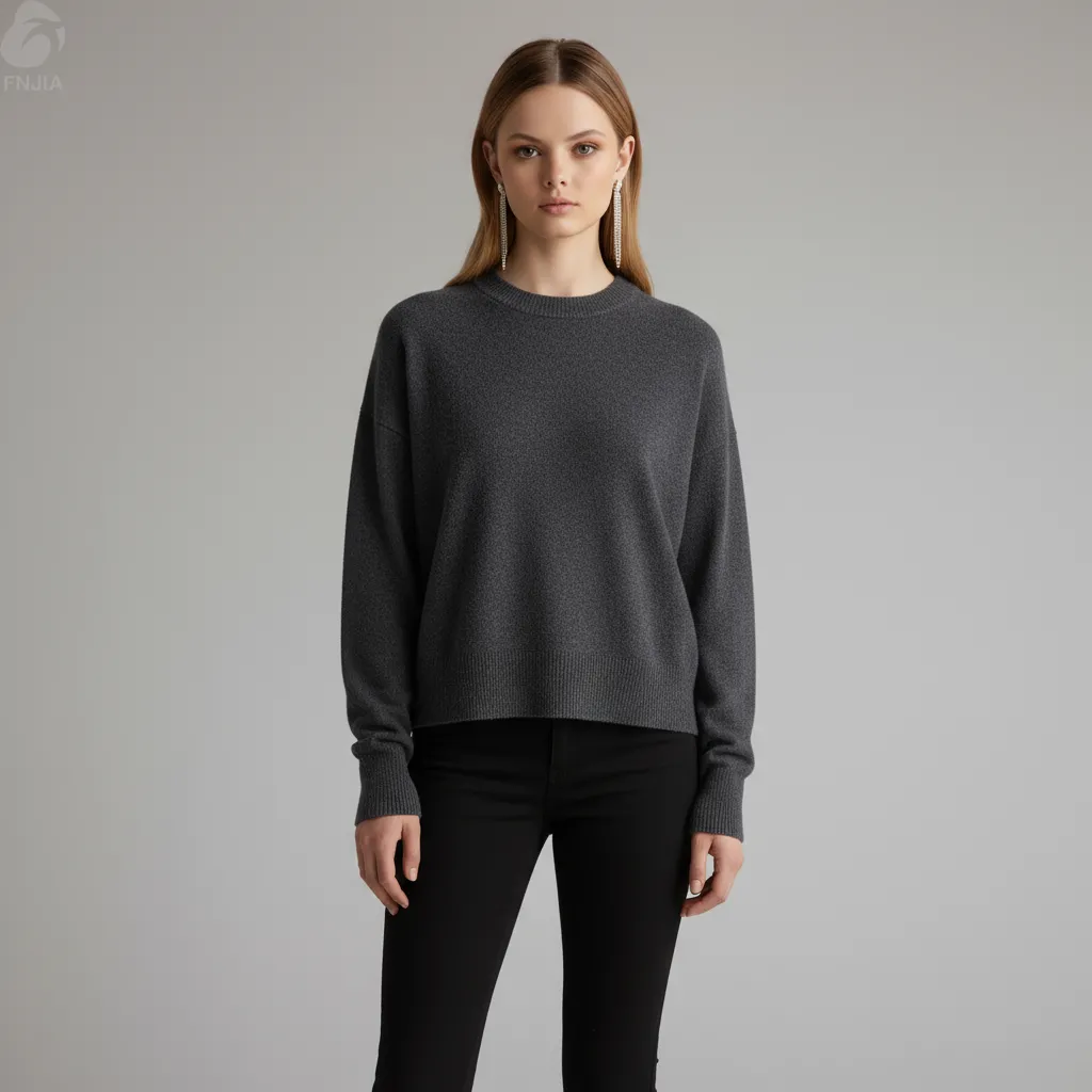 Women's Heather Grey Cropped Knit Sweater (Crew Neck, Relaxed Oversized Fit)