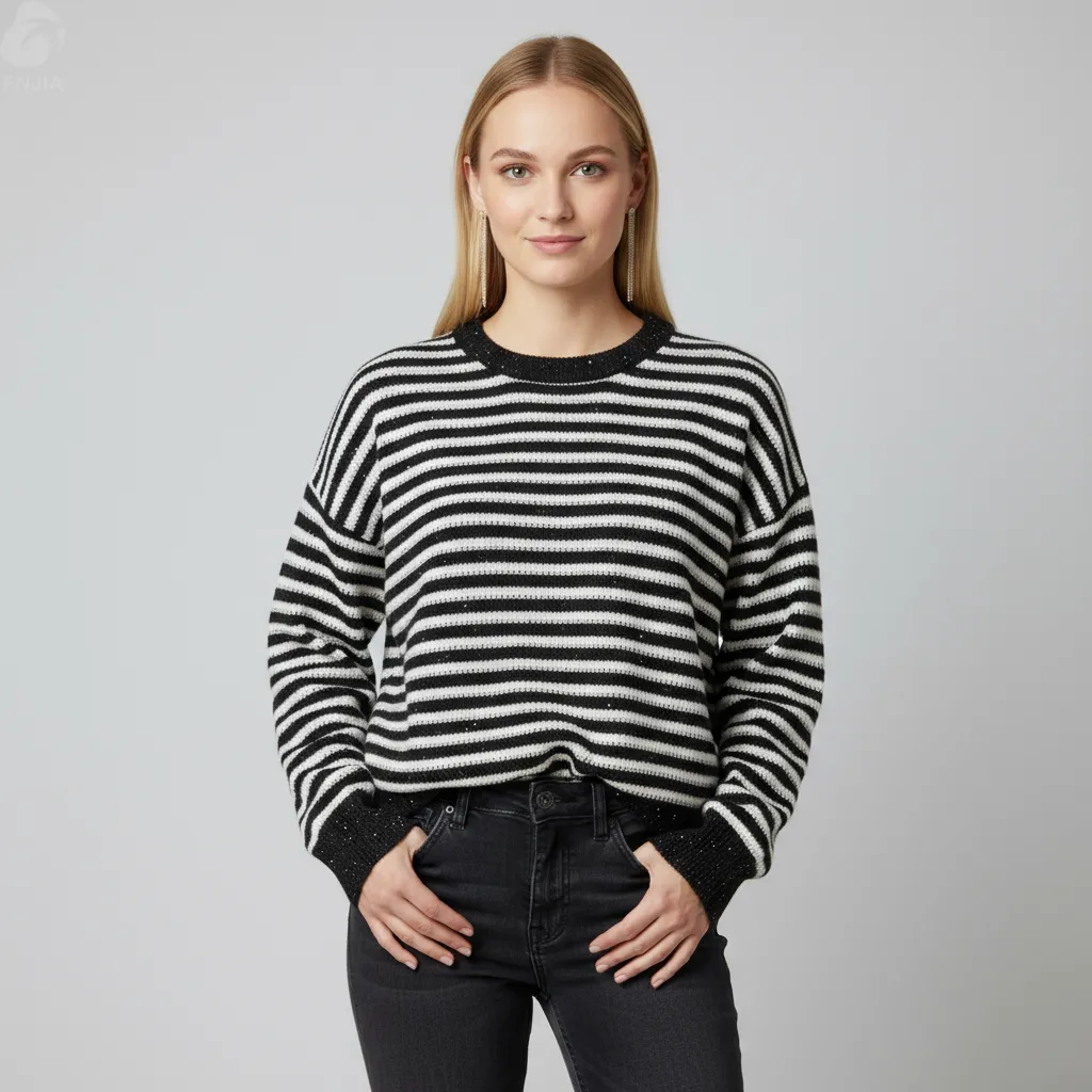 Women's Black & White Striped Knit Sweater (Glittery Detail, Cropped Fit)