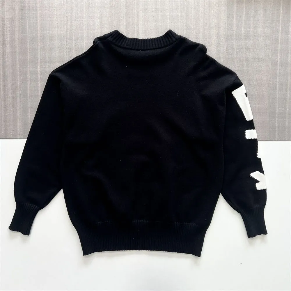 Women's Black Graphic Knit Sweater (Crew Neck, Bold White Lettering Design)