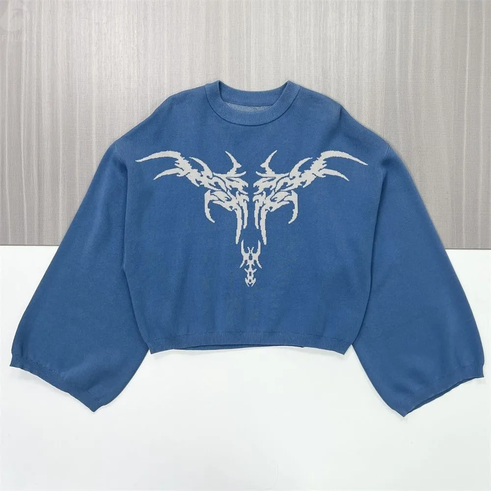 Women's Royal Blue Graphic Knit Sweater (Oversized Bell Sleeve, Cropped Fit)
