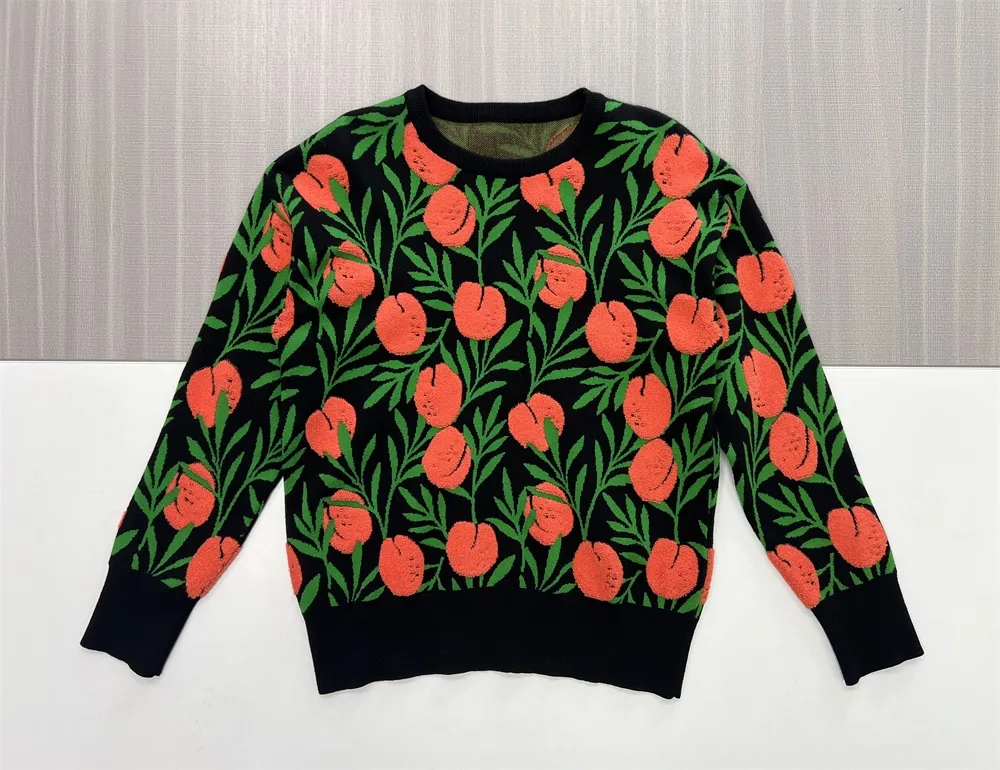Women's Black Floral Pattern Knit Sweater (Coral & Green Botanical Design)