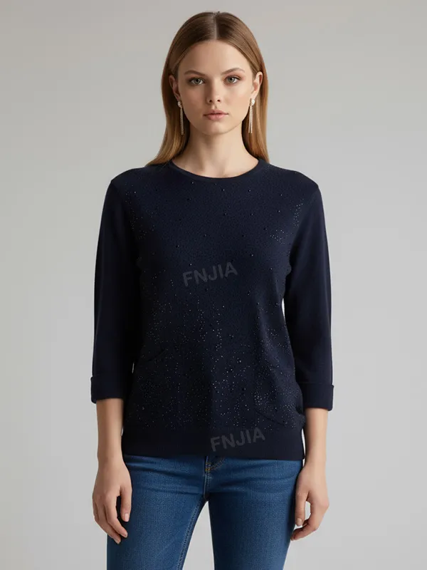 Women's Navy Sequin-Embellished Knit Sweater (Crew Neck, 3/4 Sleeve & Patch Pockets)