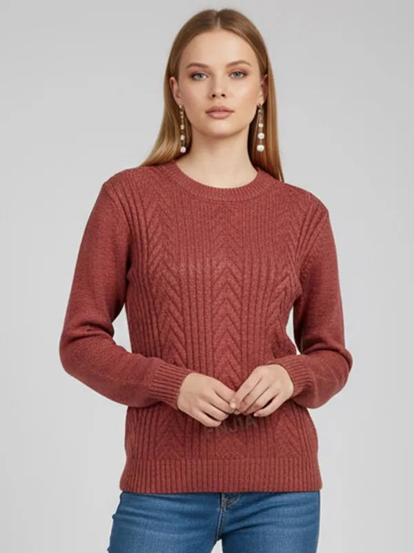 Women's Burgundy Cable-Knit Sweater (Crew Neck, Textured Chevron Pattern)