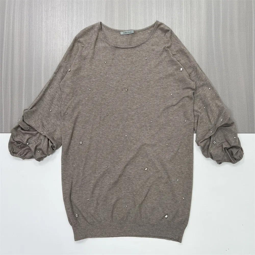 Women's Taupe Knit Tunic (Oversized Fit, Pearl Embellishments & Puff Sleeves)