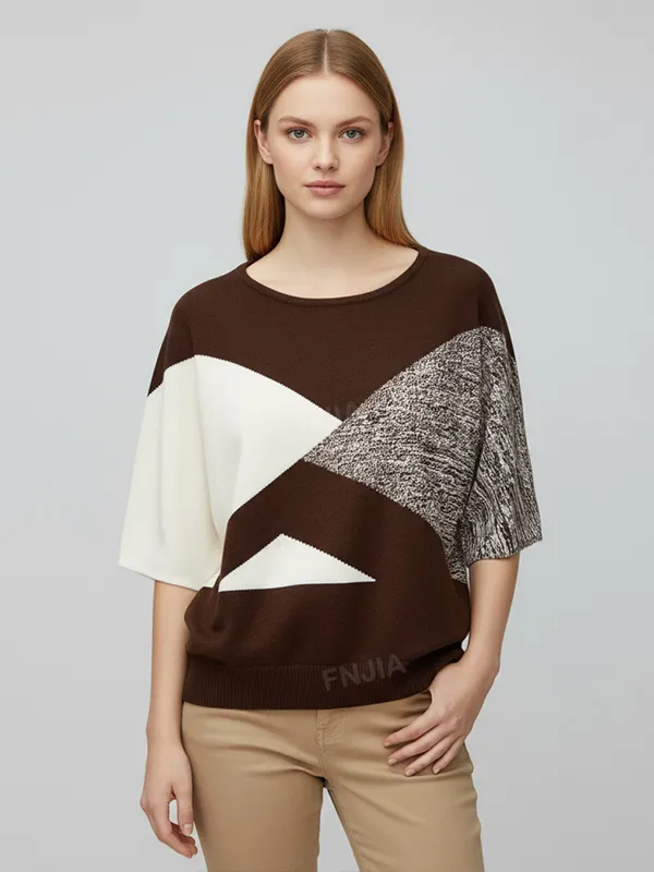Women's Brown & White Geometric Block Knit Top (Short Sleeve)