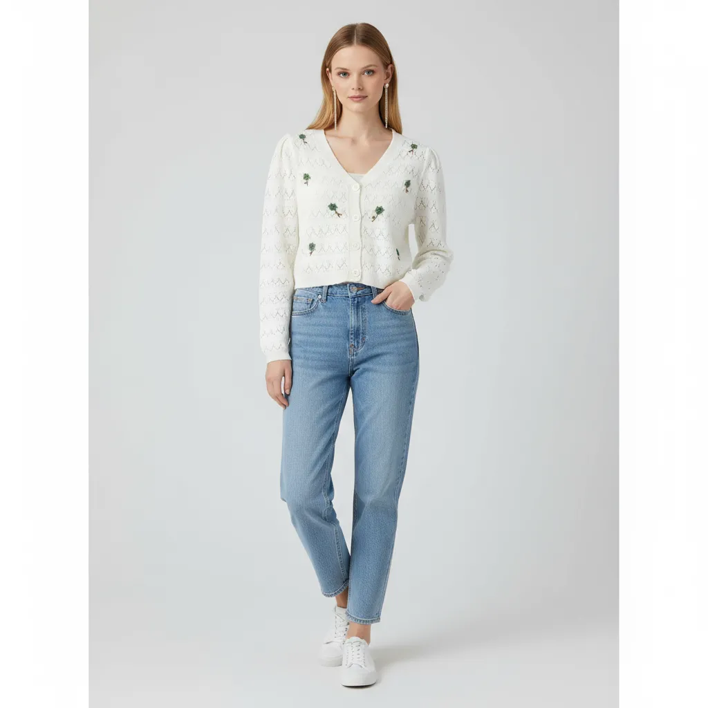 Women's White Openwork Knit Cardigan with Mini Floral Embroidery (Cropped Fit)