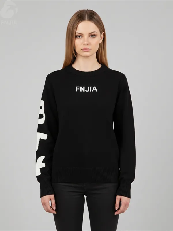 Women's Black Graphic Knit Sweater (Crew Neck, Bold White Lettering Design)