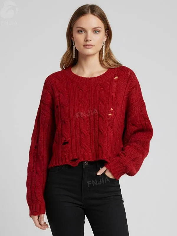 Women's Burgundy Distressed Cable-Knit Sweater (Cropped Fit, Ripped Detail)