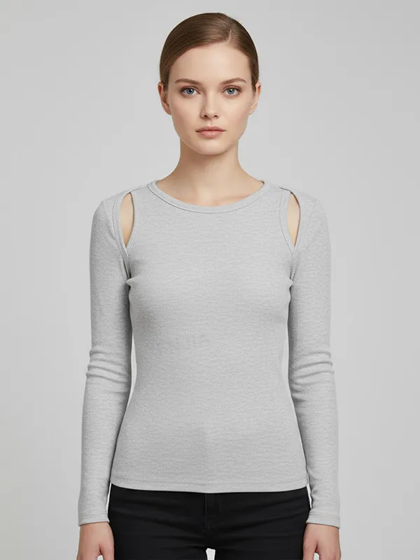 Women's Light Grey Rib-Knit Sweater (Crew Neck, Cut-Out Shoulder Detail)