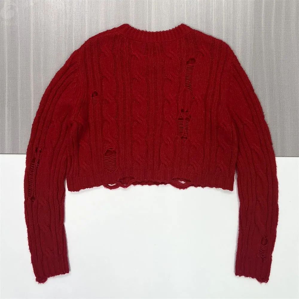 Women's Burgundy Distressed Cable-Knit Sweater (Cropped Fit, Ripped Detail)