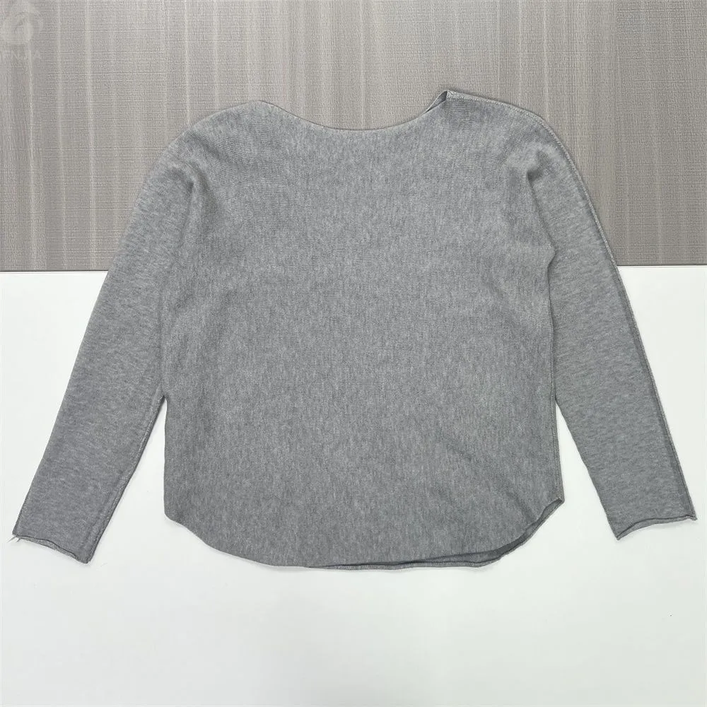 Women's Heather Grey Boat Neck Knit Top (Relaxed Fit, Curved Hem)
