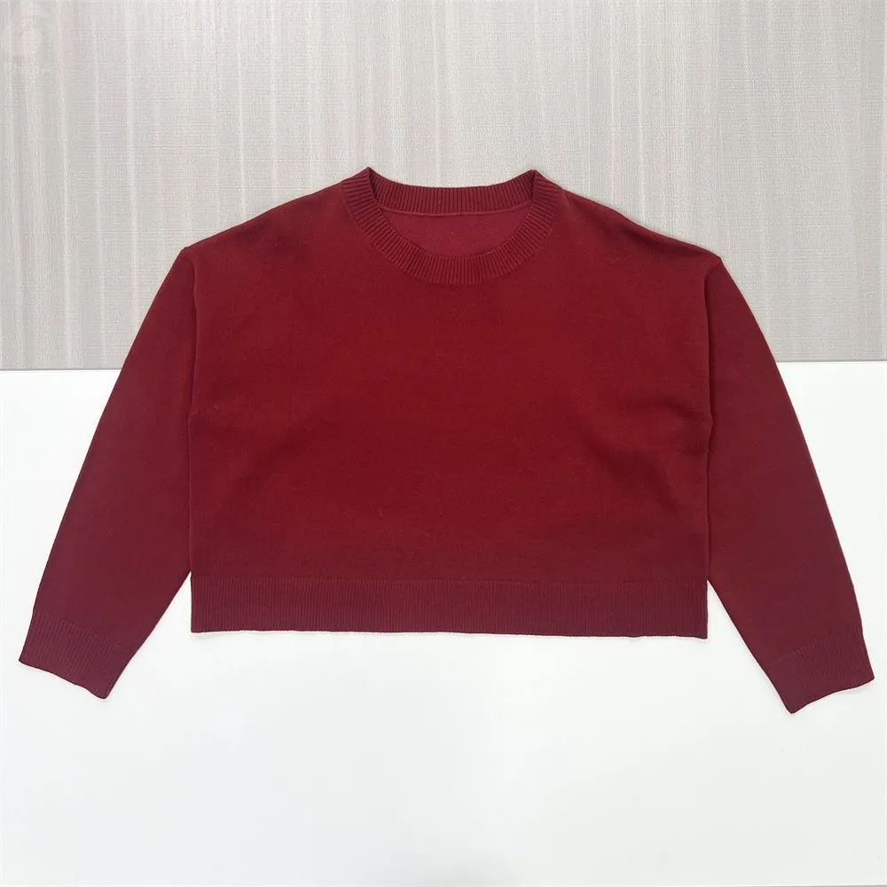 Women's Burgundy Cropped Knit Sweater (Crew Neck, Minimalist Design)