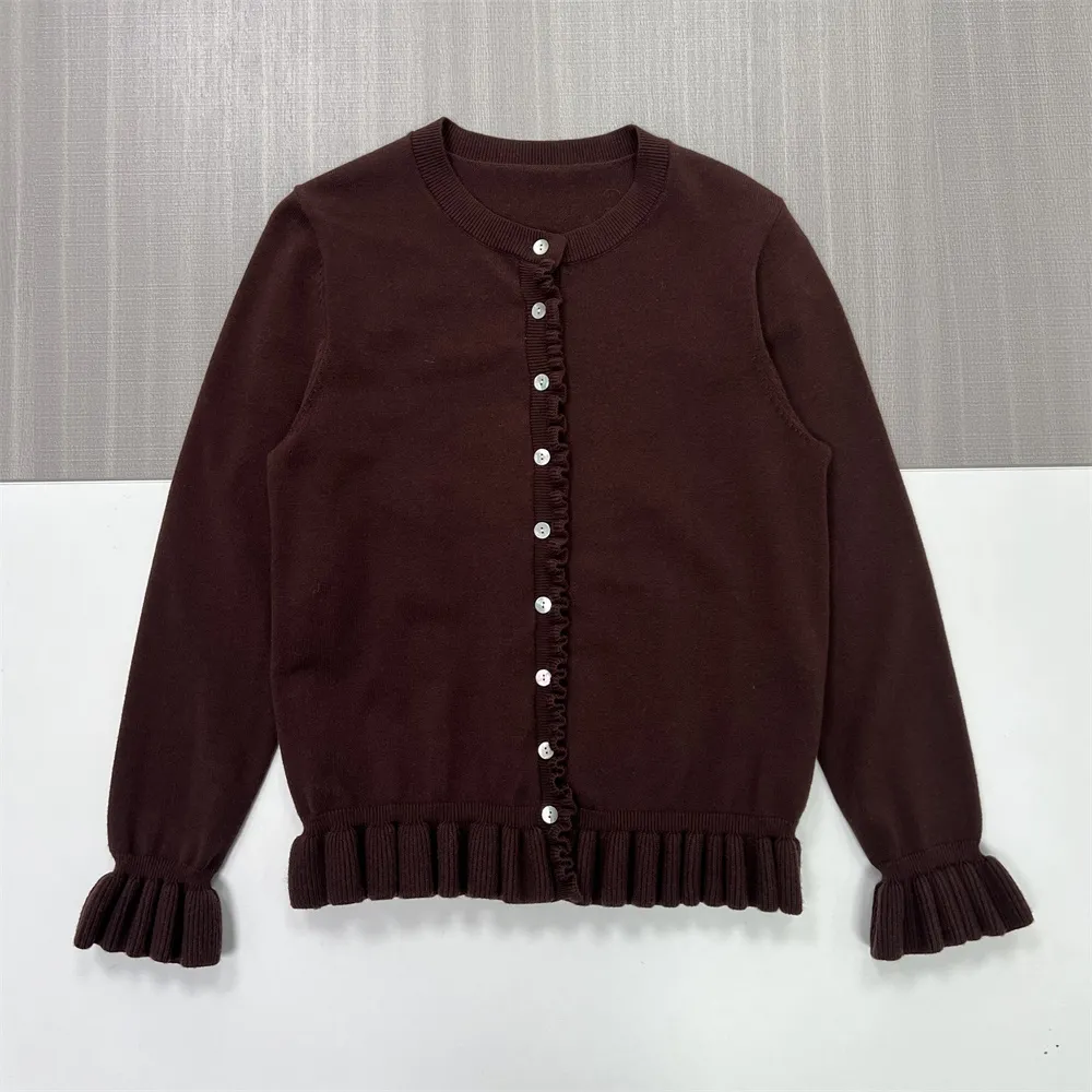 Women's Burgundy Ruffled Knit Cardigan (Round Neck, Button-Front & Ruffled Hem/Sleeves)