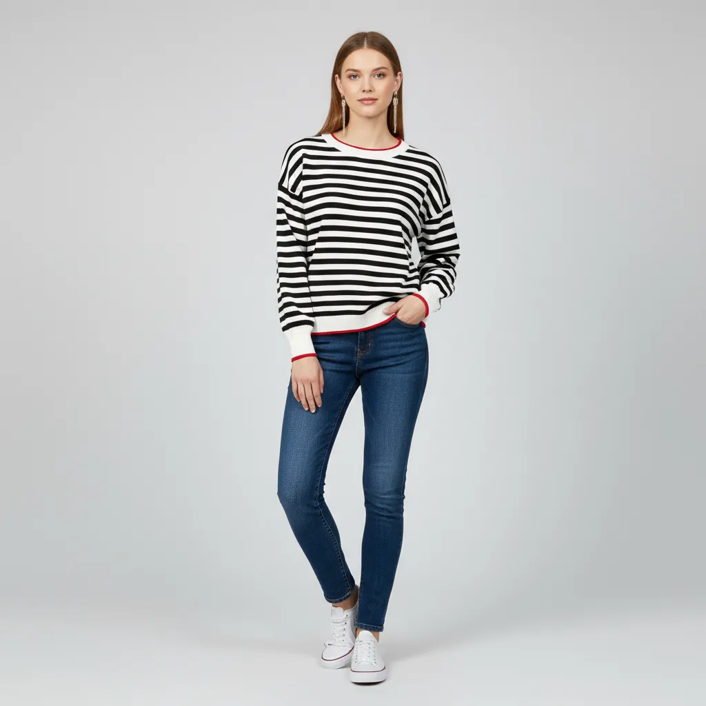 Women's Black & White Striped Knit Sweater (Crew Neck, Contrast Red Trim)