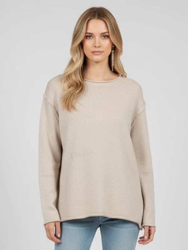 Women's Beige Rib-Knit Crew Neck Sweater (Relaxed Fit)