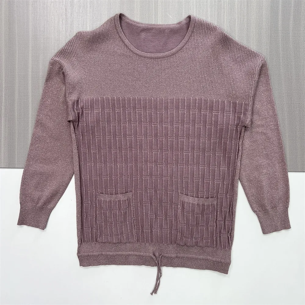 Women's Mauve Textured Knit Sweater (Crew Neck, Patch Pockets & Drawstring Hem)