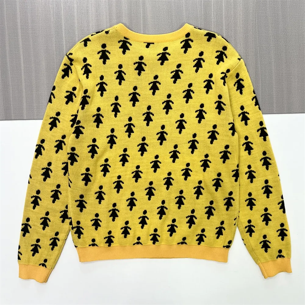 Women's Mustard & Black Figure-Print Knit Sweater (Crew Neck, Oversized Relaxed Fit)