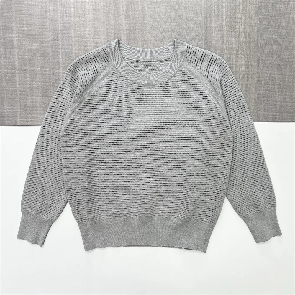 Women's Grey Openwork Knit Crew Neck Sweater (Textured Mesh Pattern)