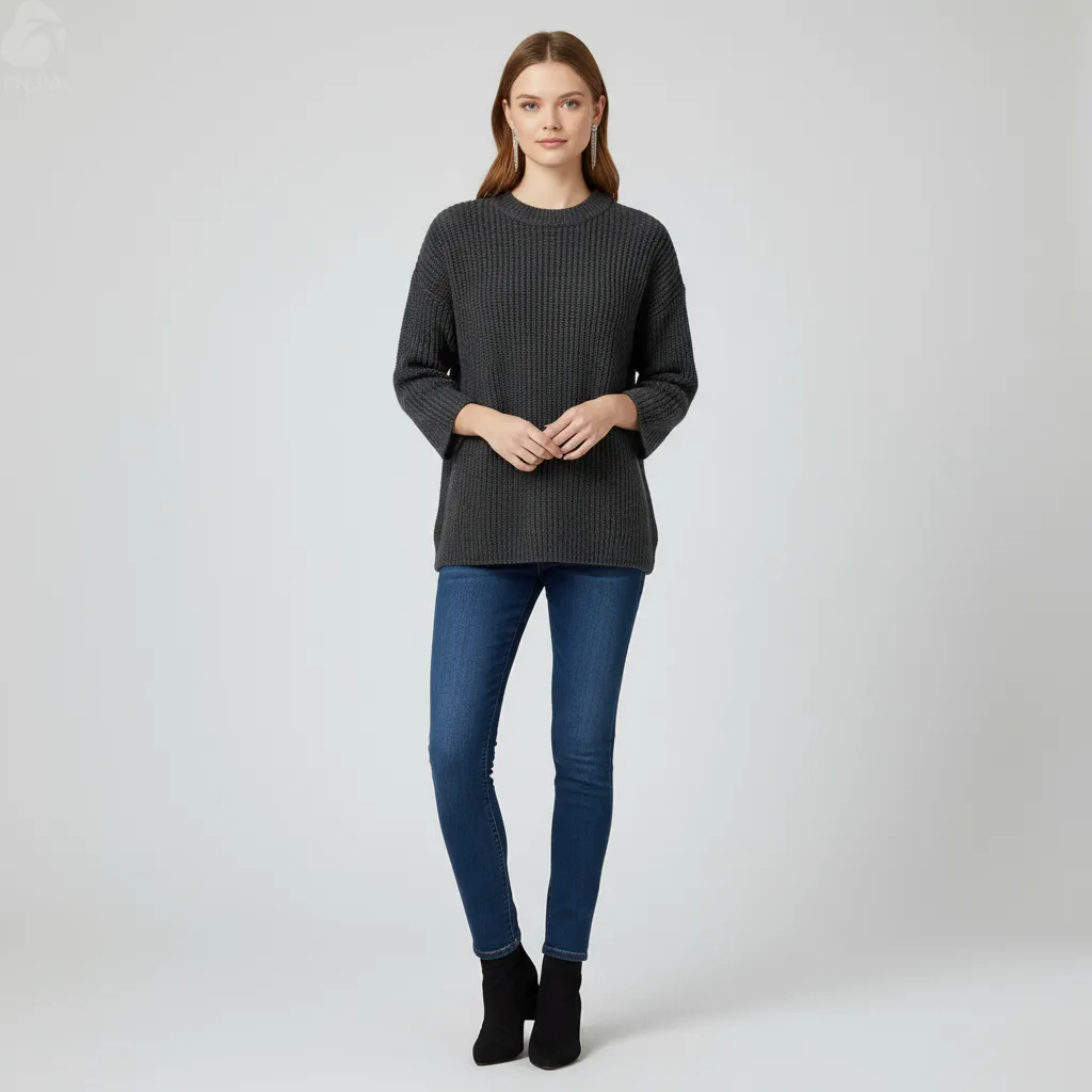 Women's Charcoal Rib-Knit Sweater (Crew Neck, Oversized 3/4 Sleeve Design)