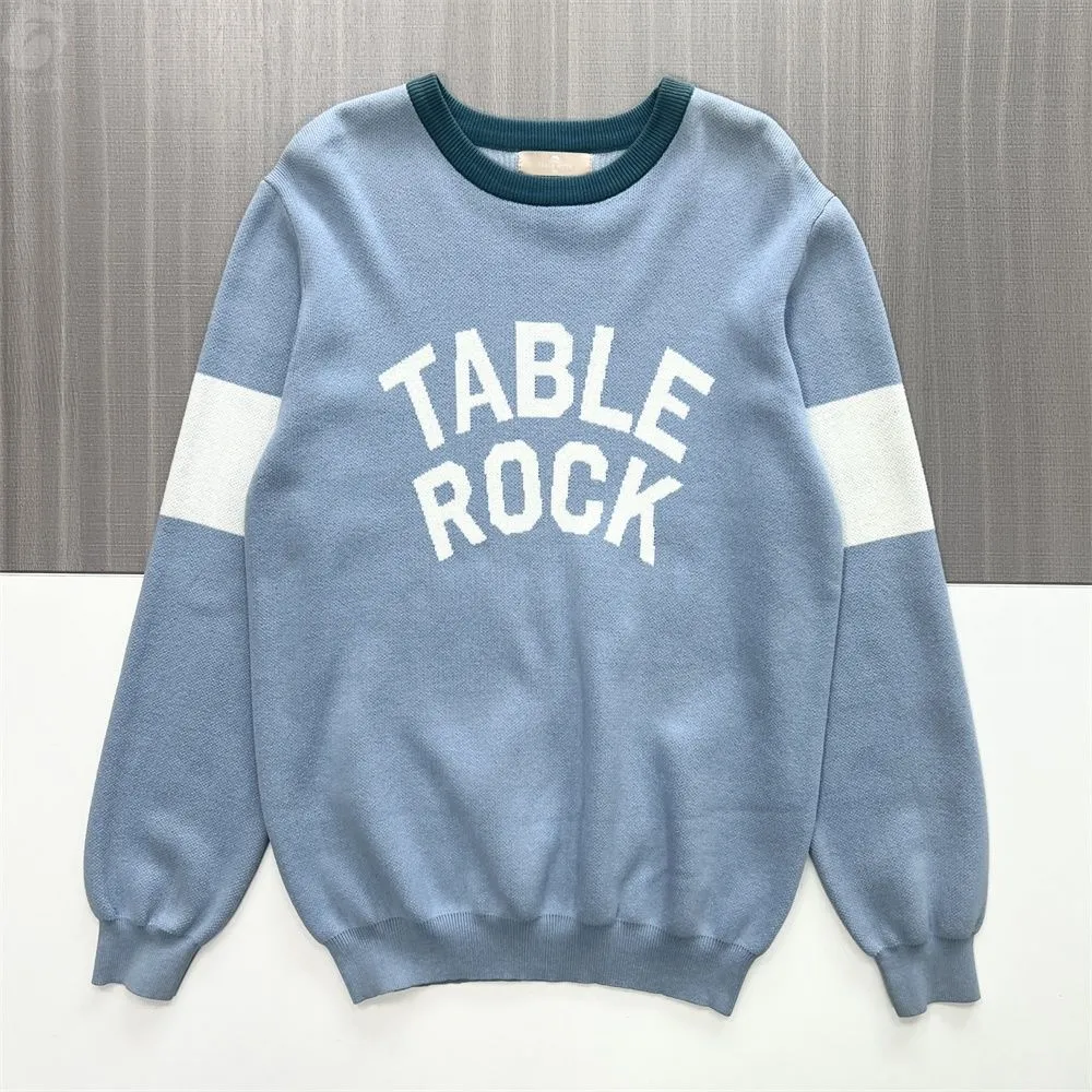 Women's Light Blue Varsity Graphic Knit Sweater (Crew Neck, Contrast Striped Sleeve)