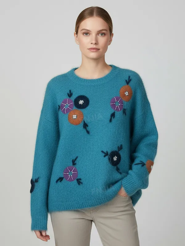 Women's Turquoise Knit Sweater with Colorful Floral Embroidery