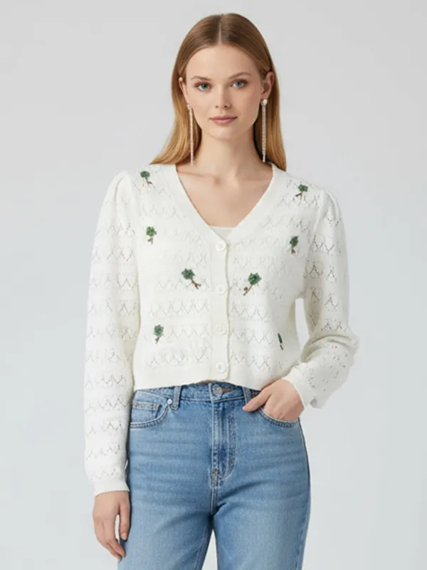 Women's White Openwork Knit Cardigan with Mini Floral Embroidery (Cropped Fit)