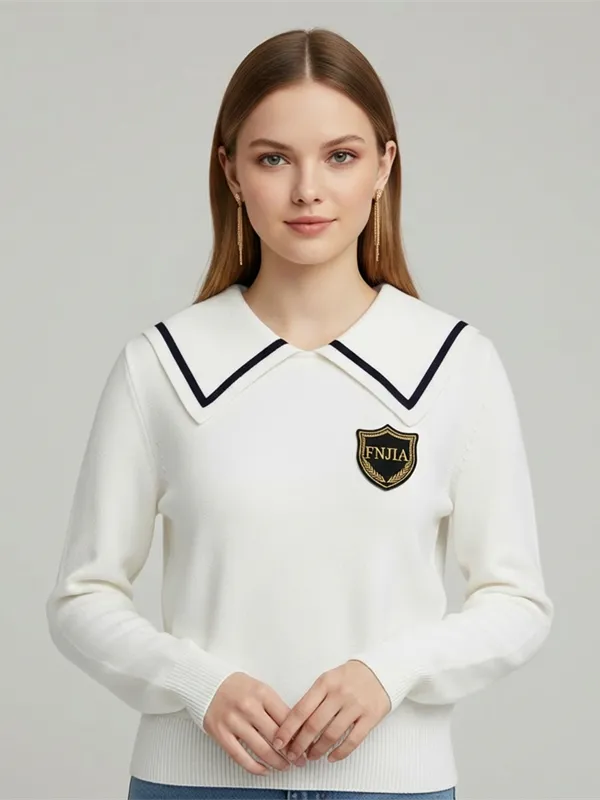 Women's White Sailor Collar Knit Sweater with Contrast Trim & Emblem Detail
