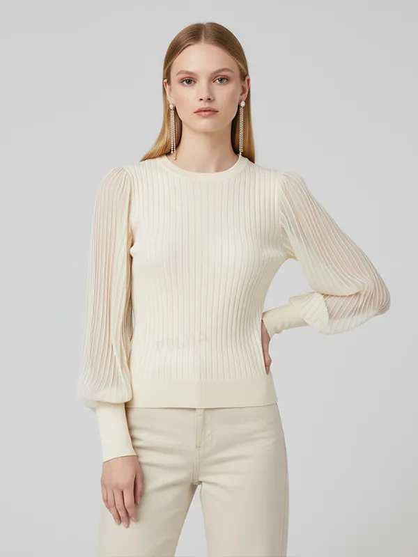 Women's Cream Sheer-Striped Knit Sweater (Crew Neck, Puff Sleeve Design)