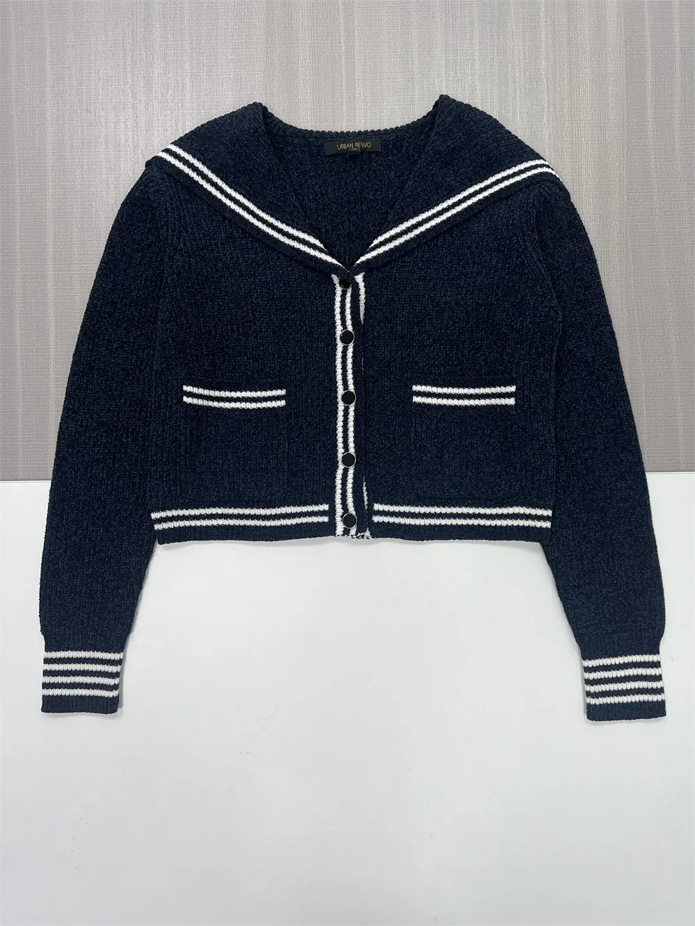 Women's Navy Sailor Collar Cropped Knit Cardigan with Contrast Stripes