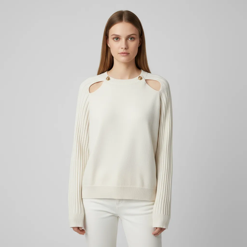 Women's Ivory Knit Sweater (Crew Neck, Shoulder Cut-Outs with Metal Accents)