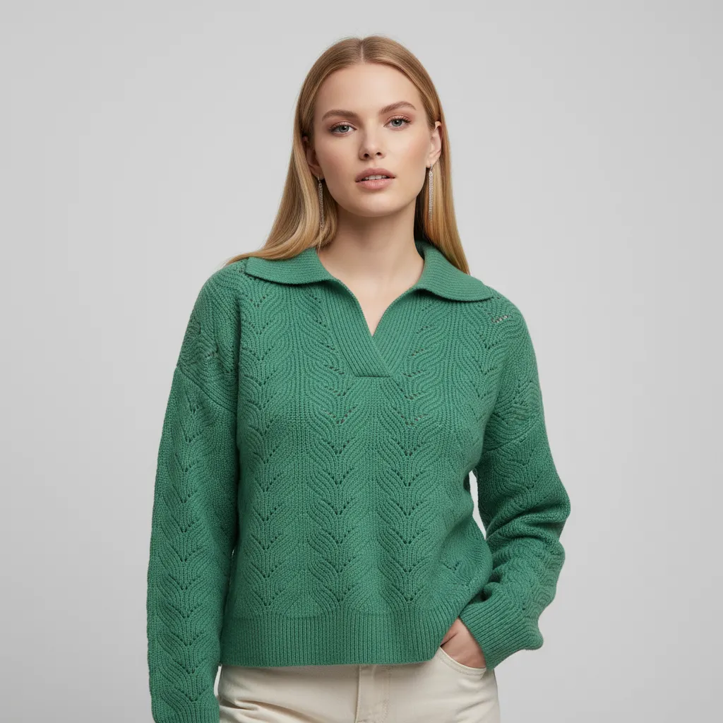 Women's Green Openwork Knit Cropped Sweater with Polo Collar