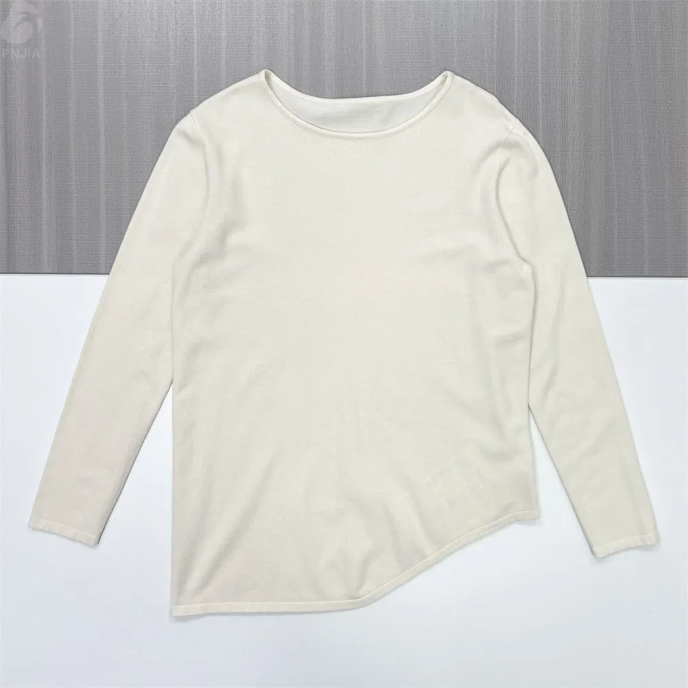 Women's Cream Asymmetric Hem Knit Top (Boat Neck, Long Sleeve)