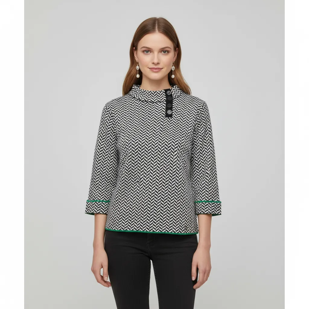 Women's Black & White Herringbone Knit Top (Stand Collar, 3/4 Sleeve with Green Trim)