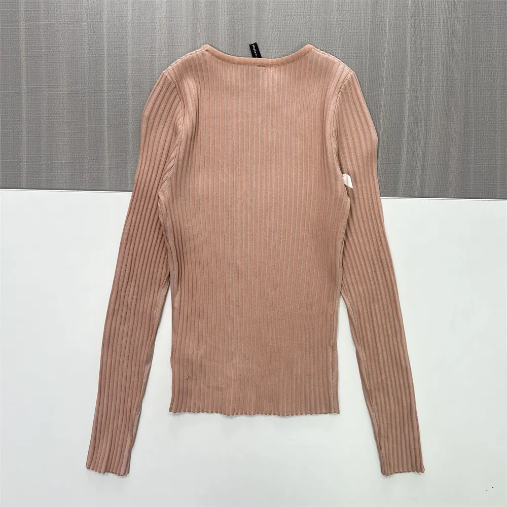 Women's Blush Pink Rib-Knit Sweater (Crew Neck, Slim-Fit Long Sleeve)